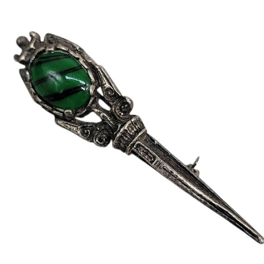 Miracle Sterling Celtic Scottish Staff Brooch  925 Silver Green Black Stripe Gem